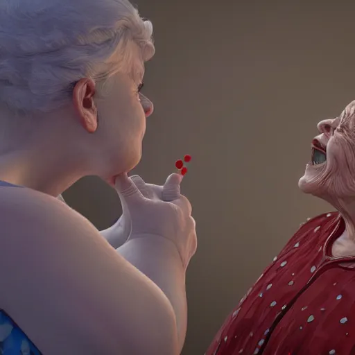 Image similar to of a very funny scene. ambient occlusion render. a sweet fat old woman is in kissing her reflection. flowery dress. mirror. symmetrical face, red mouth, blue eyes. deep focus, lovely scene. ambient occlusion render. concept art. unreal engine.