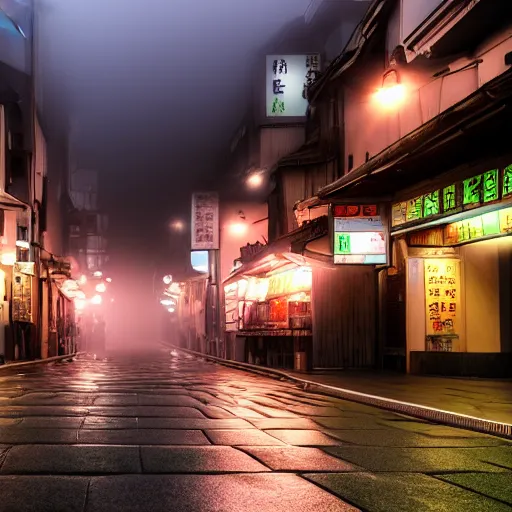 Prompt: the streets of nagasaki on a foggy morning, cinematic lighting.