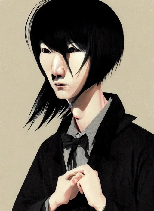 Image similar to portrait of a japanese man with a crooked nose and a confident expression, 1 9 6 0 s, black clothes, goth, punk, brightly coloured hair, funk, intricate, elegant, highly detailed, digital painting, artstation, concept art, smooth, sharp focus, illustration, art by wlop, mars ravelo and greg rutkowski