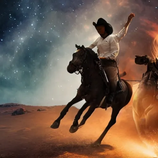 Prompt: a battle on horseback in space, at the edge of the universe (on film),