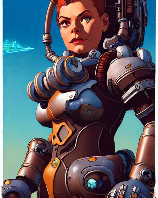 Image similar to brigitte from overwatch, character portrait, portrait, close up, concept art, intricate details, highly detailed, vintage sci - fi poster, retro future, in the style of chris foss, rodger dean, moebius, michael whelan, and gustave dore