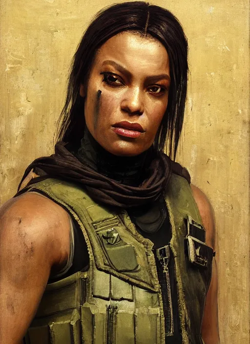 Image similar to Isabel igwe. cyberpunk mercenary wearing a military vest and combat jumpsuit. (Cyberpunk 2077, bladerunner 2049). Iranian orientalist portrait by john william waterhouse and Edwin Longsden Long and Theodore Ralli and Nasreddine Dinet, oil on canvas. Cinematic, vivid color, hyper realism, realistic proportions, dramatic lighting, high detail 4k