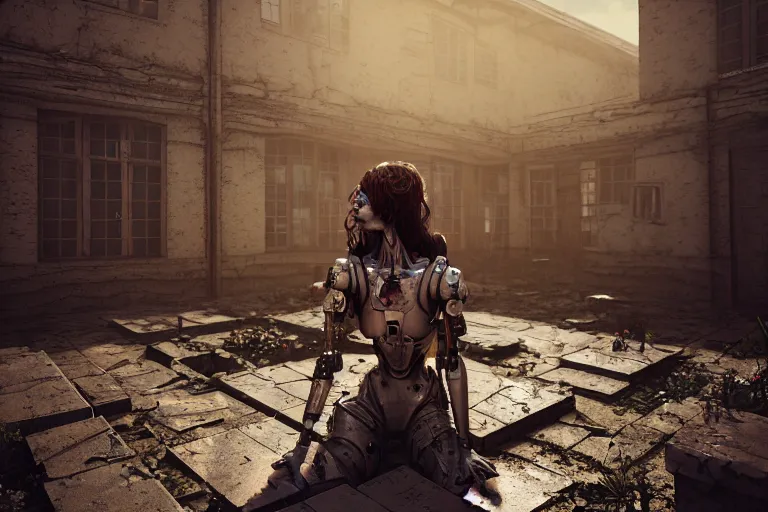 Prompt: Broken cyborg girl on old courtyard with mud and an old playground between two soviet five-storey panel houses, high details, cinematic, 8k resolution, beautiful detailed, insanely intricate details, artstation trending, octane render, unreal engine