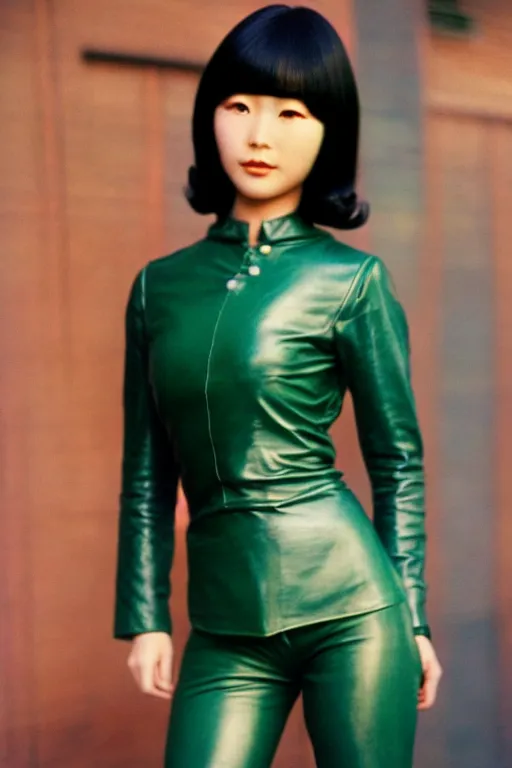 Prompt: ektachrome, telephoto lens, highly detailed : incredibly realistic, youthful asian demure, exquisite features, feminine cut, portrait photo 1 9 7 0 s frontiers in flight leather suit cosplay fashion, nick night,