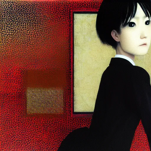 Image similar to yoshitaka amano blurred and dreamy realistic three quarter angle portrait of a young woman with short hair and black eyes wearing office suit with tie, junji ito abstract patterns in the background, satoshi kon anime, noisy film grain effect, highly detailed, renaissance oil painting, weird portrait angle, blurred lost edges