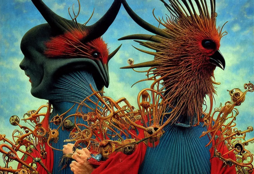 Image similar to realistic detailed portrait movie shot of a birdman wearing black robes, sci fi landscape background by denis villeneuve, amano, yves tanguy, alphonse mucha, ernst haeckel, max ernst, roger dean, masterpiece, rich moody colours, snarling dog teeth, blue eyes