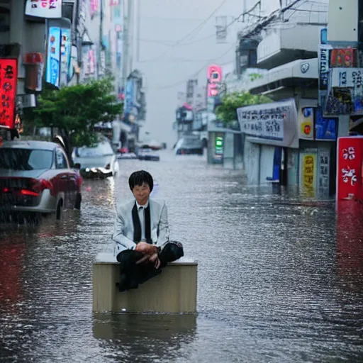 Image similar to seoul city is flooded by heavy rain. A guy with suit is sitting on the top of the A car is middle of the street flooded. Shinkai Makoto Ghibli anime style