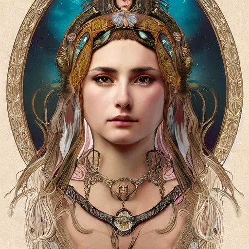 Prompt: Roman Goddess Queen by WLOP, symmetrical face, symmetrical body, artgerm, flowing hair, portrait, muted colors, artstation, character concept art, border and embellishments inspiried by alphonse mucha, fractals in the background, galaxy,