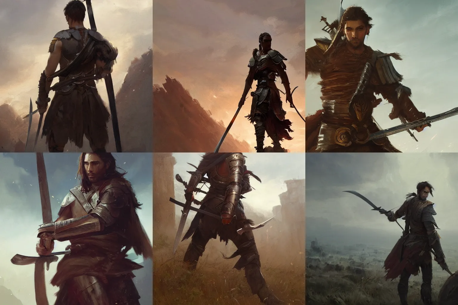 Prompt: masterpiece artwork of a warrior with hazel eyes and brown hair in his twenties with his sword raised, staring down the enemy by Greg Rutkowski, 4k, masterpiece, cinematic