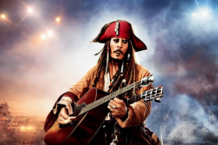 Prompt: jack sparrow playing a 2 neck guiter on a ship while the british fire cannons in the background, cinematic, dramatic, still, photograph, digital art, dynamic lighting, highly detailed, sharp focus