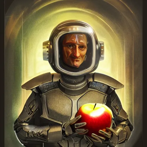 Prompt: An extremely detailed portrait of Isaac Newton in futuristic power armor holding an apple, in the style of Magic the Gathering, 4k, mirror lake, highly detailed, trending on artstation