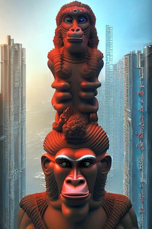 Prompt: high quality 3 d cyberpunk biomorphic hanuman! head building in the middle of mumbai!!, highly detailed, cinematic smooth, stephen shore & john j. park, soft morning light, wide shot, high angle, uhd 8 k, sharp focus