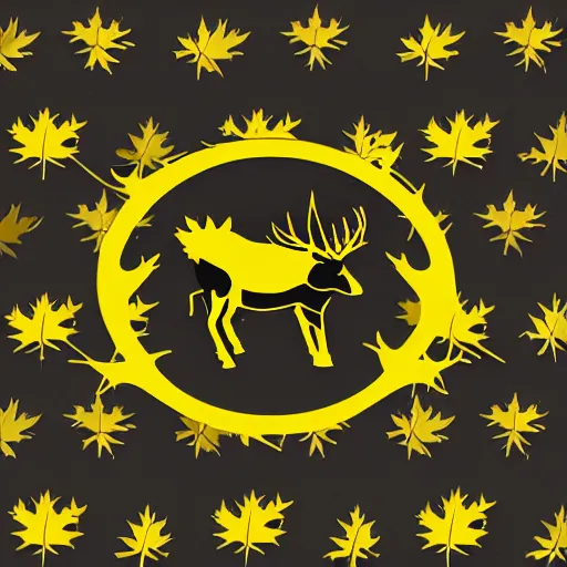 Image similar to a yellow moose with maple leaf antlers logo, black background, logo