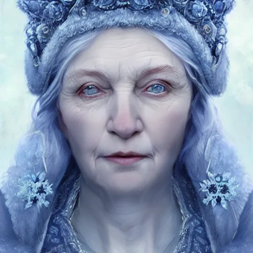 Prompt: Elderly Queen of winter, ice-blue-eyes, gorgeous portrait, intricate, elegant, volumetric lighting, scenery, digital painting, highly detailed, artstation, sharp focus, illustration, concept art, ruan jia, steve mccurry