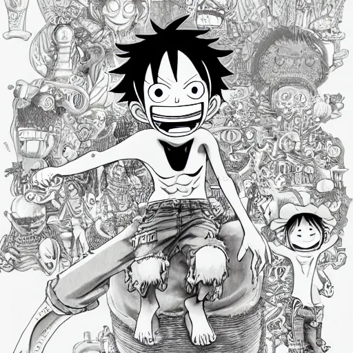 Image similar to monkey d. luffy finding the one piece, an ultrafine detailed illustration by james jean, intricate linework, bright colors, final fantasy, behance contest winner, vanitas, angular, altermodern, unreal engine 5 highly rendered, global illumination, radiant light, detailed and intricate environment
