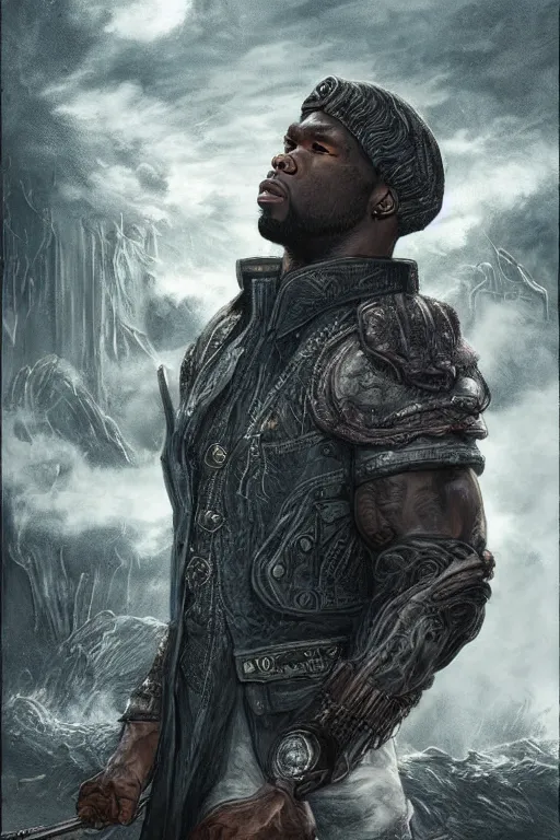 Image similar to highly detailed elden ring portrait photo of a 5 0 cent in a scenic dystopian environment, hyperrealistic illustration by william didier - pouget