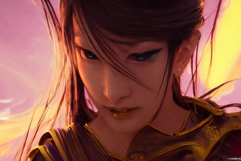 Prompt: beautiful ego sword girl fighting against the king in the yellow, sunset horizon, highlight on the blade, extremely detailed and beautiful aesthetic face, close up, super detailed eyes, highly detailed, digital painting, highlight scene of the movie, smooth, illustration, unreal engine 5, 8 k, art by hiroaki samura and jiro matsumoto and yusuke murata