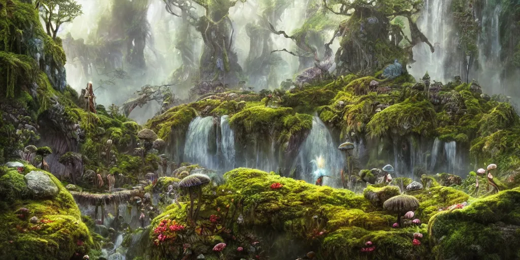 Image similar to fairyland scenery landscape, lord of the rings, waterfalls, monoliths, flowers, mushroom structures, moss highly detailed, vivid color, perfect lighting, perfect composition, 8 k, brian froud, artgerm, derek zabrocki, greg rutkowski