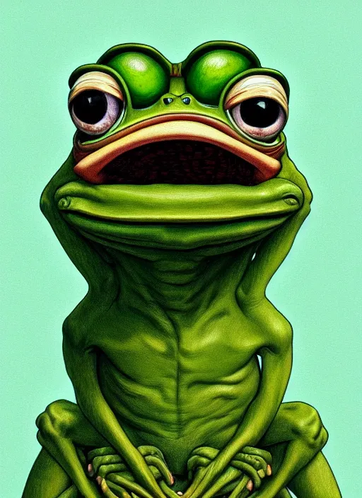 Image similar to pepe the frog by matt furie!!!, male, sad, depressed, portrait, intricat, highly detailed, digital painting, artstation, concept art, wallpaper, smooth, sharp focus, illustration, art by h. r. giger and artgerm and greg rutkowski and alphonse mucha