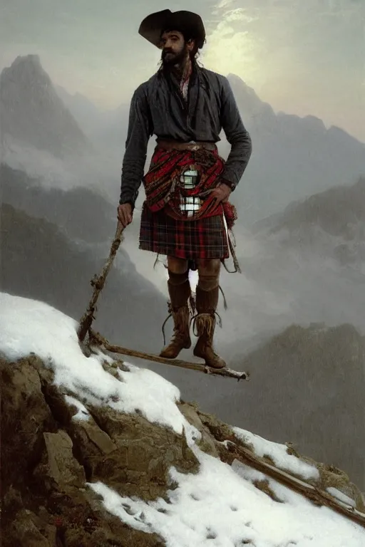Prompt: a portrait by greg rutkowski and albert bierstadt of a handsome shirtless desi hiker on a mountain peak. he is wearing a tartan kilt, cowboy hat, and leather boots. he is holding a long wood pole and is glowing slightly. background is snowy mountains and clouds. homoerotic, highly detailed, detailed face, dramatic, ethereal, dreamlike. trending on artstation