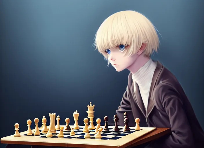 Prompt: a pale ilya kuvshinov playing chess, with gold eyes, straight hair, sky blue hair, long bangs, high collar, concept art, award winning photography, digital painting, cinematic, by wlop, anime key visual, wlop, 8 k, by ross tran, tom bagshaw, andy warhol