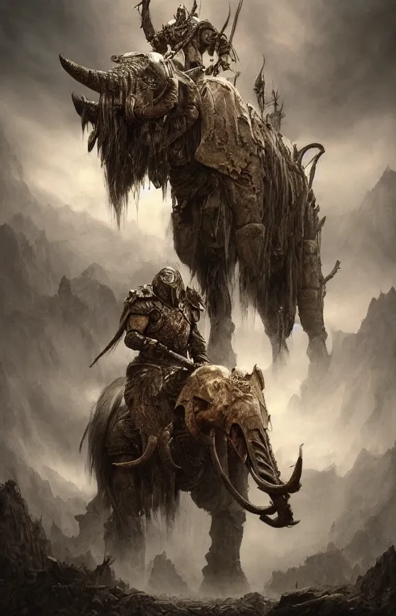 Image similar to war mammoth concept, wearing tribal armor, beksinski, adrian smith fantasy art, the hobbit art,, the witcher concept art, trending on artstation,