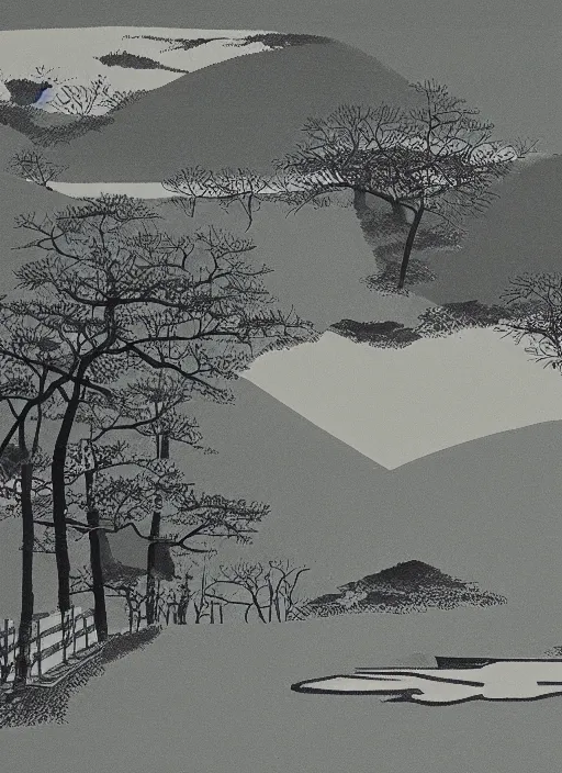 Prompt: a landscape, by minoru nomata, architecture, illustration