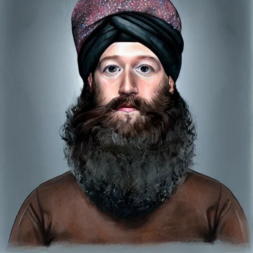 Prompt: a portrait of mark zuckerberg wearing a long beard and a turban joining the taliban. i