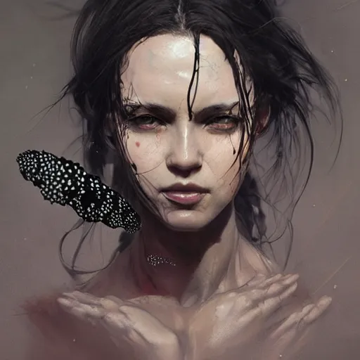 Image similar to portrait of a woman with long black hair and insects coming out of holes in her skin, trypophobia, dramatic lighting, illustration by Greg rutkowski, yoji shinkawa, 4k, digital art, concept art, trending on artstation