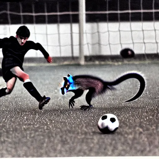 Image similar to a photograph of a soccer match between racoons and opossums