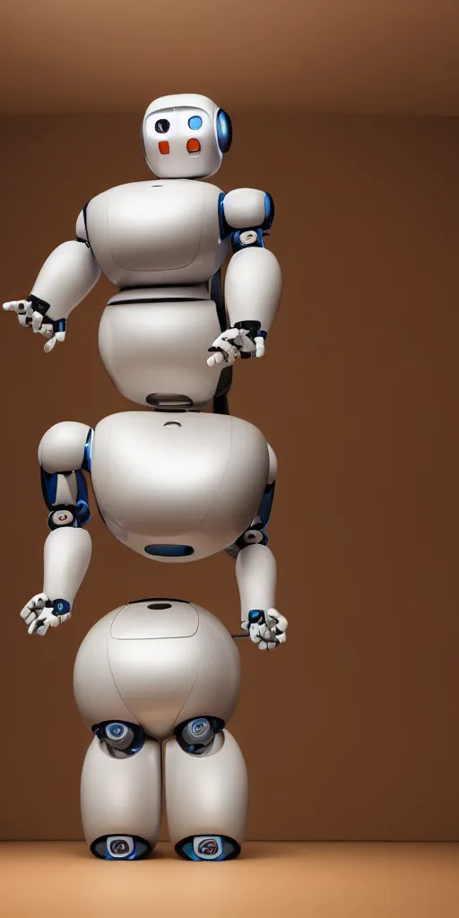 Prompt: Obese Robot who can't reach the top shelf of her cupboard to get her soup, detailed dynamic lighting studio shot