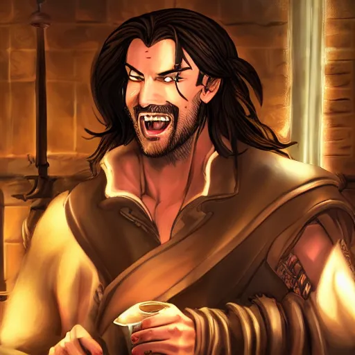 Image similar to Trevor Belmont from Castlevania, enjoying a pint of ale at a tavern, digital art, HDR, happily smiling at the camera, holding the pint of ale, sitting at the bar, warm lantern lighting.