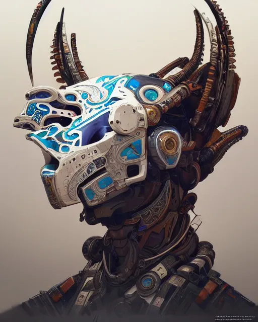 Prompt: portrait of a machine from horizon zero dawn, machine face, upper body, decorated with opera motifs, traditional chinese art, intricate, elegant, highly detailed, digital painting, artstation, concept art, smooth, sharp focus, illustration, art by artgerm and greg rutkowski and alphonse mucha, 8 k