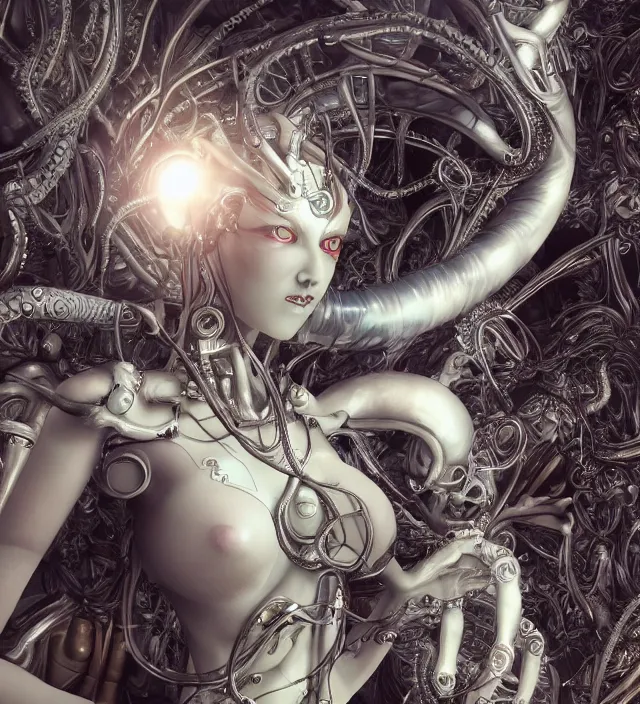 Image similar to photo 3 d rendering of a beautiful girl deity cyborg demon angel with tentacles epic photorealistic portrait in ito junji frank miller alex ross escher giger sorayama buddhist biopunk cosmic horror style depth of field lens flare leica zeiss detailed trending award winning on flickr