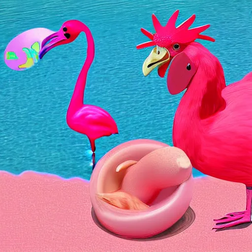 Image similar to chicken swimming with a pink flamingo floatie around it digital art