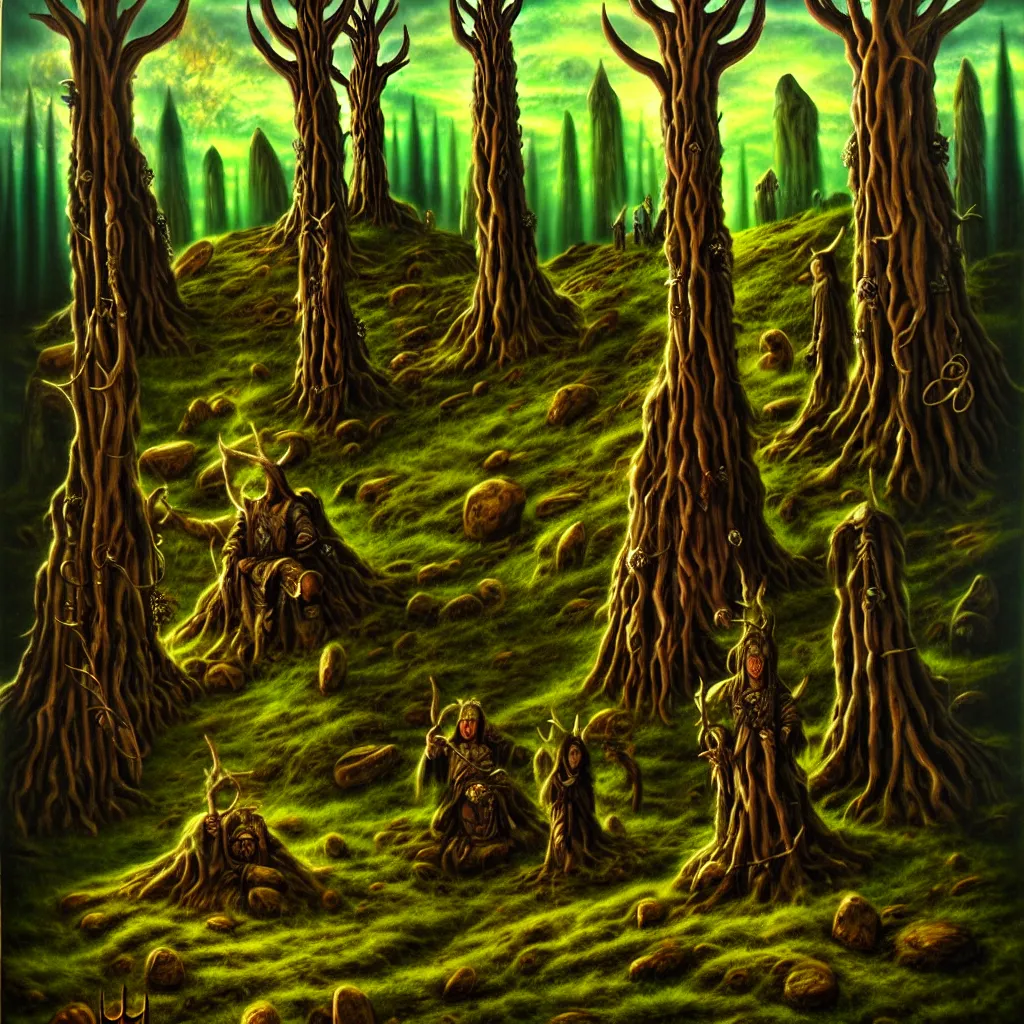 Prompt: druidic ritual, druids, wood totem, on a hill, a detailed matte painting, fantasy, depth of field, grim, dark, oil on canvas