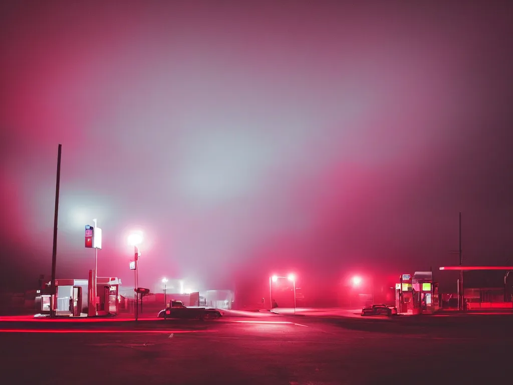 Image similar to “photography of gas station , fog, blue and red lights, night, mood, atmospheric, full of colour, digital photography”