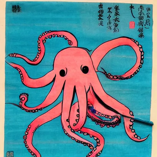 Image similar to a pig - octopus, calligraphy, ink on japanese rice paper