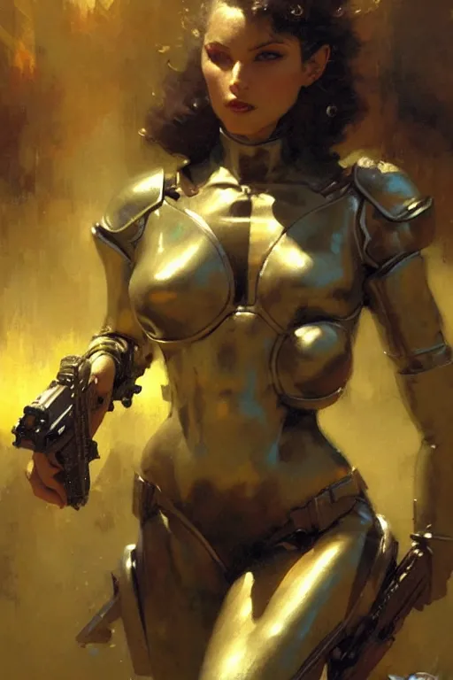 Image similar to futuristic women with medieval armor dynamic poses, holding a gun, detail, beautifull face, no blur, painting by gaston bussiere, craig mullins, greg rutkowski, yoji shinkawa, sorayama