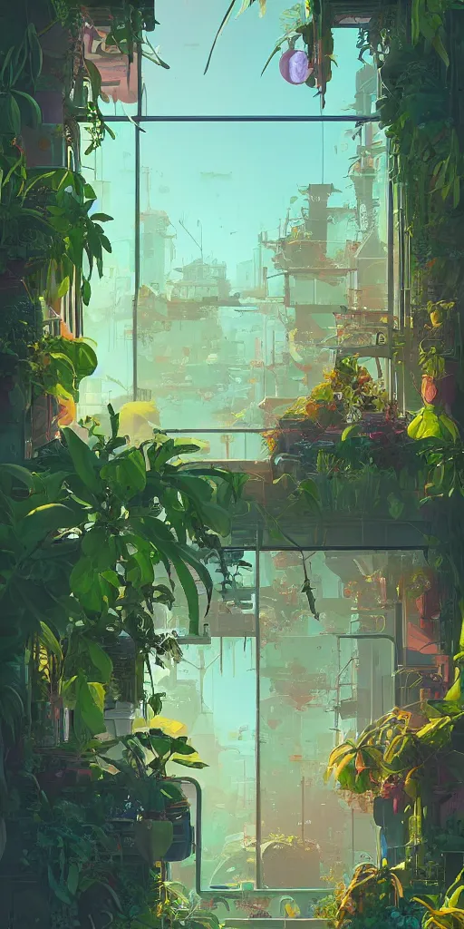 Prompt: lush solarpunk windowsill with plants on it, looking out toward a solarpunk cityscape, vignette of windowsill, detailed digital concept art by anton fadeev and marc simonetti, trending on artstation