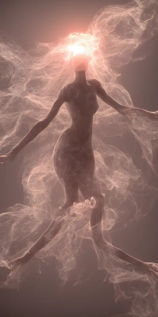 Image similar to a beautiful radiant goddess of light with many arms obscured by wisps of smoke and dust particles, numerous arms and hands, fluid simulation, particle simulation, ephemeral, highly detailed, hyperrealism, octane render