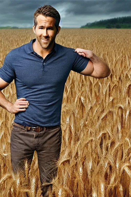 Prompt: ryan reynolds with hair of wheat field, photorealistic