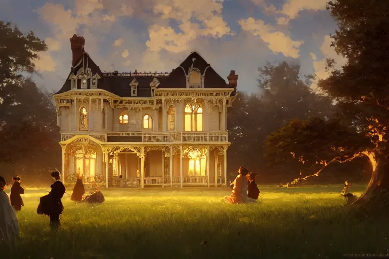 Image similar to an ornate victorian house, party in front, scene in an open field. 1 8 9 0, key visual, conceptart, ambient lighting, highly detailed, digital painting, artstation, concept art, sharp focus, by makoto shinkai and akihiko yoshida and greg manchess