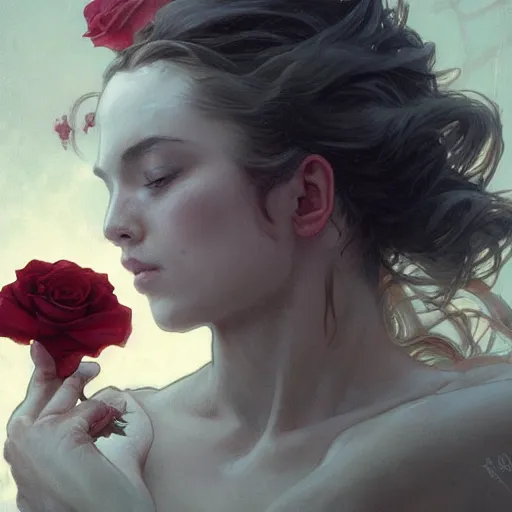 Image similar to man suspended over water, roses everywhere, highly detailed, digital painting, artstation, concept art, smooth, sharp focus, illustration, art by artgerm and greg rutkowski and alphonse mucha