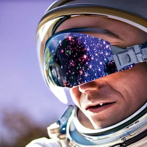 Prompt: a close up photo of an astronaut floating in space. his helmet visor is dark and reflective. you can see the reflection of flowers in his helmet visor.