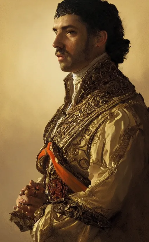 Prompt: Portrait of a 18th Century King. Hispanic male, detailed face, 18th century, highly detailed, cinematic lighting, digital art painting by greg rutkowski