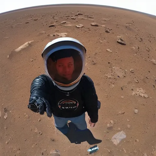 Prompt: fisheye selfie of Elon Musk on the surface of Mars