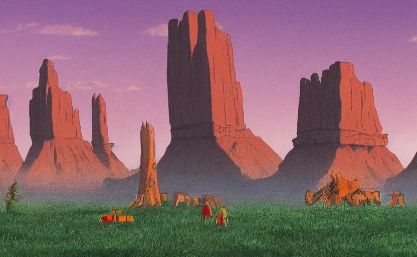 Image similar to a realistic cell - shaded studio ghibli concept art from paprika ( 2 0 0 6 ) of a cubic multi - colored rocketship from close encounters of the third kind ( 1 9 7 7 ) in a flooded monument valley stonehenge jungle jungle on a misty starry night. a camel caravan is in the foreground. very dull colors, portal, hd, 4 k, hq