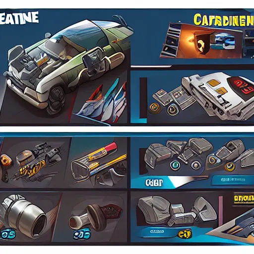 Prompt: car engine, car parts concept, card, comic page, realistic fortnite, ui card