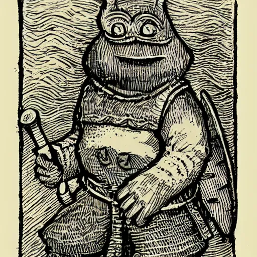 Prompt: pepe the frog, viking battles, saga, snorri sturluson, woodcut by christian krohg